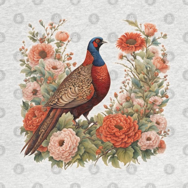 Pheasant with beautiful  flowers by JnS Merch Store